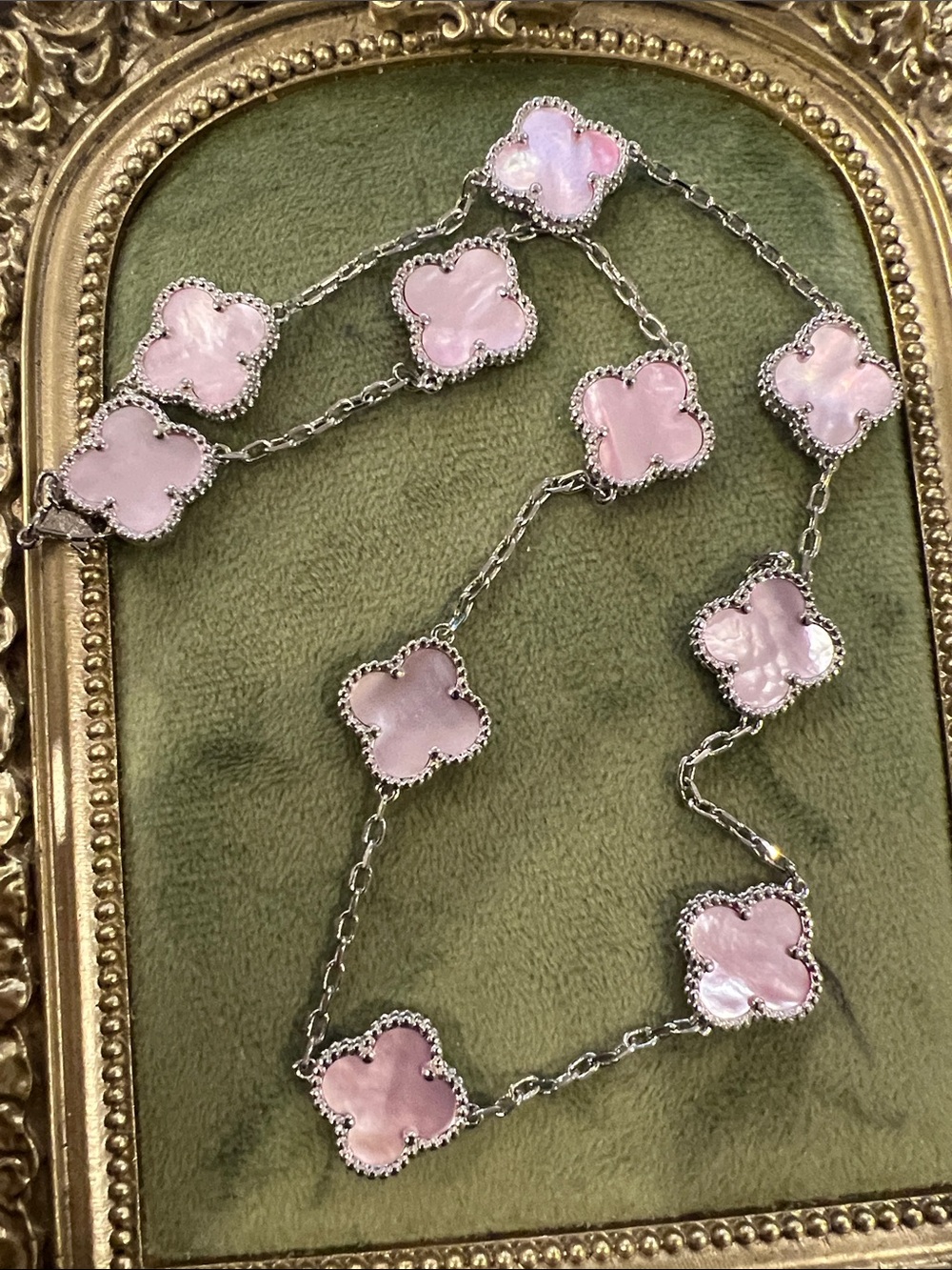 10 Pink Clover Necklace - copper plated silver mother of pearl light pink new
